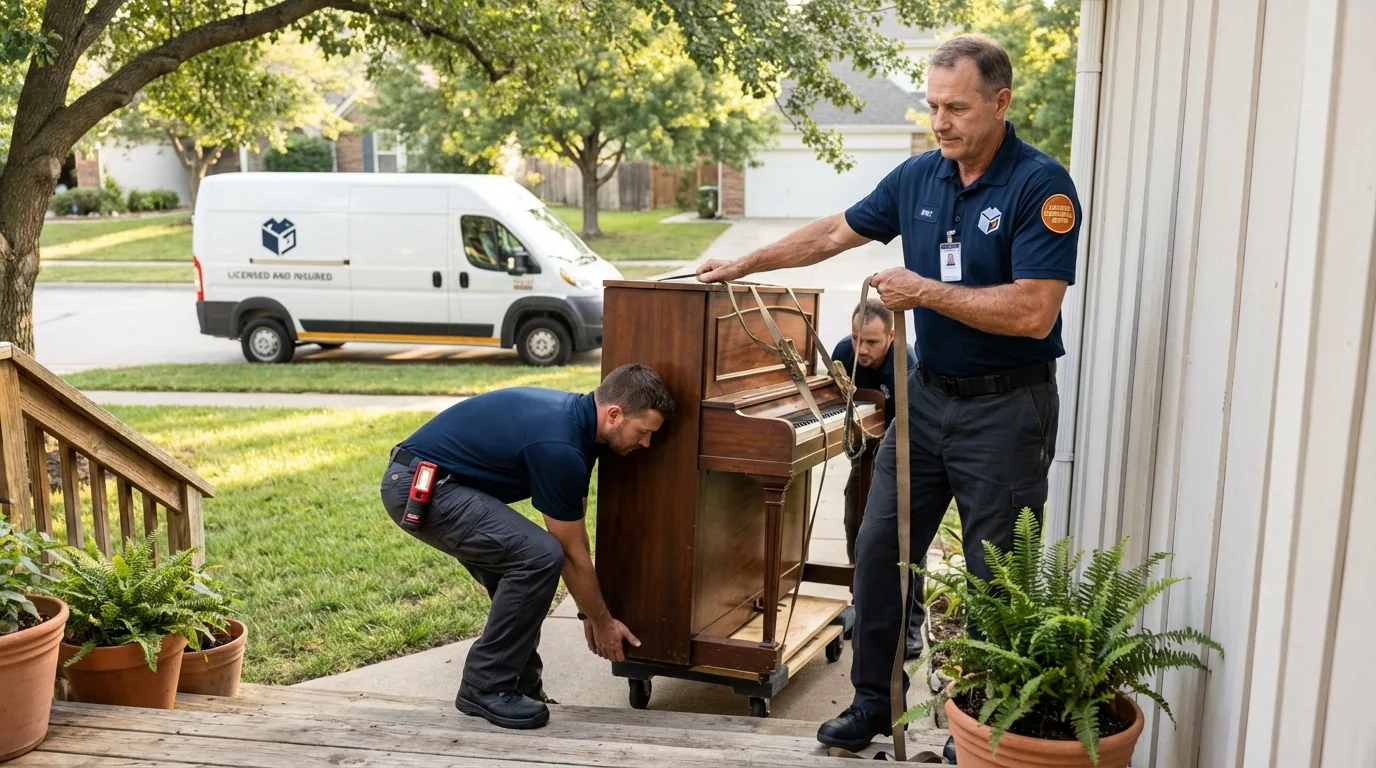Licensed piano movers securing grand piano in Galax, VA