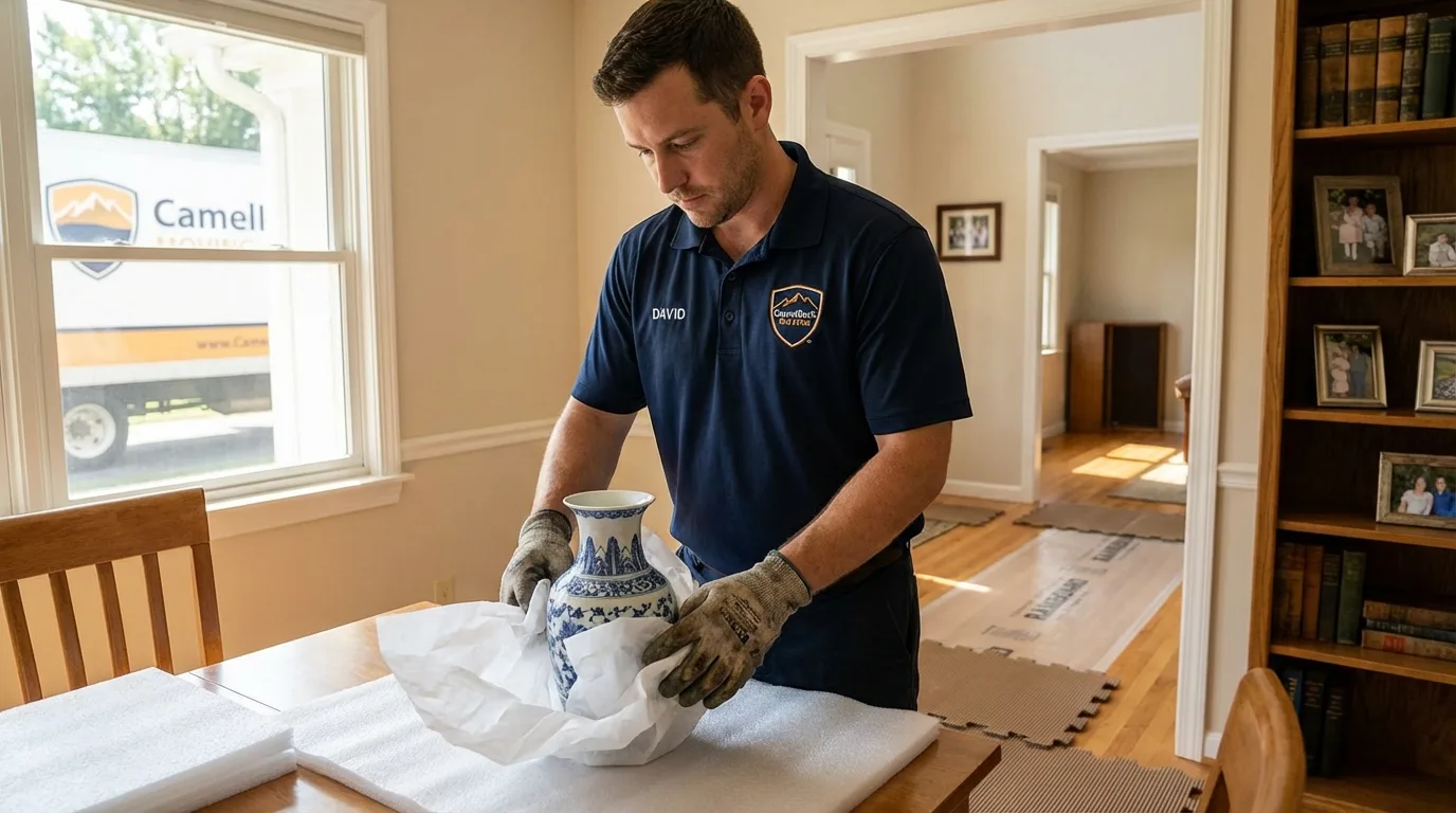 Professional crew carefully wrapping antique vase for senior downsizing move in Galax, VA
